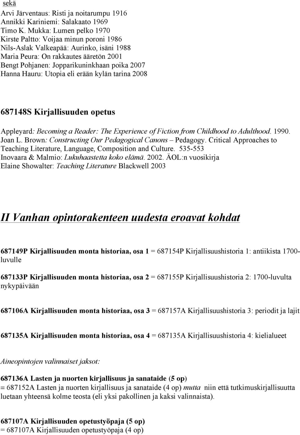 Hauru: Utopia eli erään kylän tarina 2008 687148S Kirjallisuuden opetus Appleyard: Becoming a Reader: The Experience of Fiction from Childhood to Adulthood. 1990. Joan L.