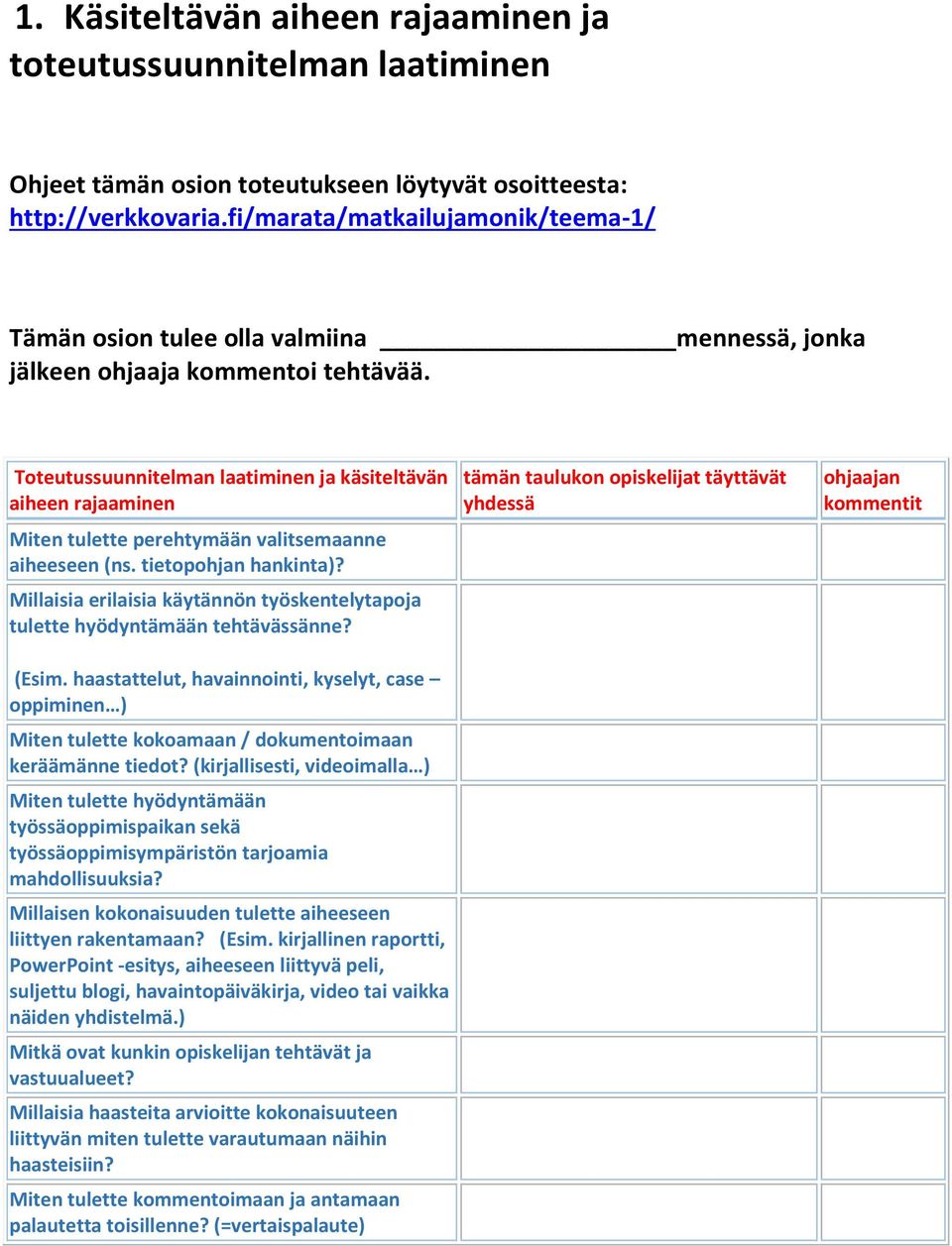 Millaisia erilaisia käytännön työskentelytapoja tulette hyödyntämään tehtävässänne? (Esim.