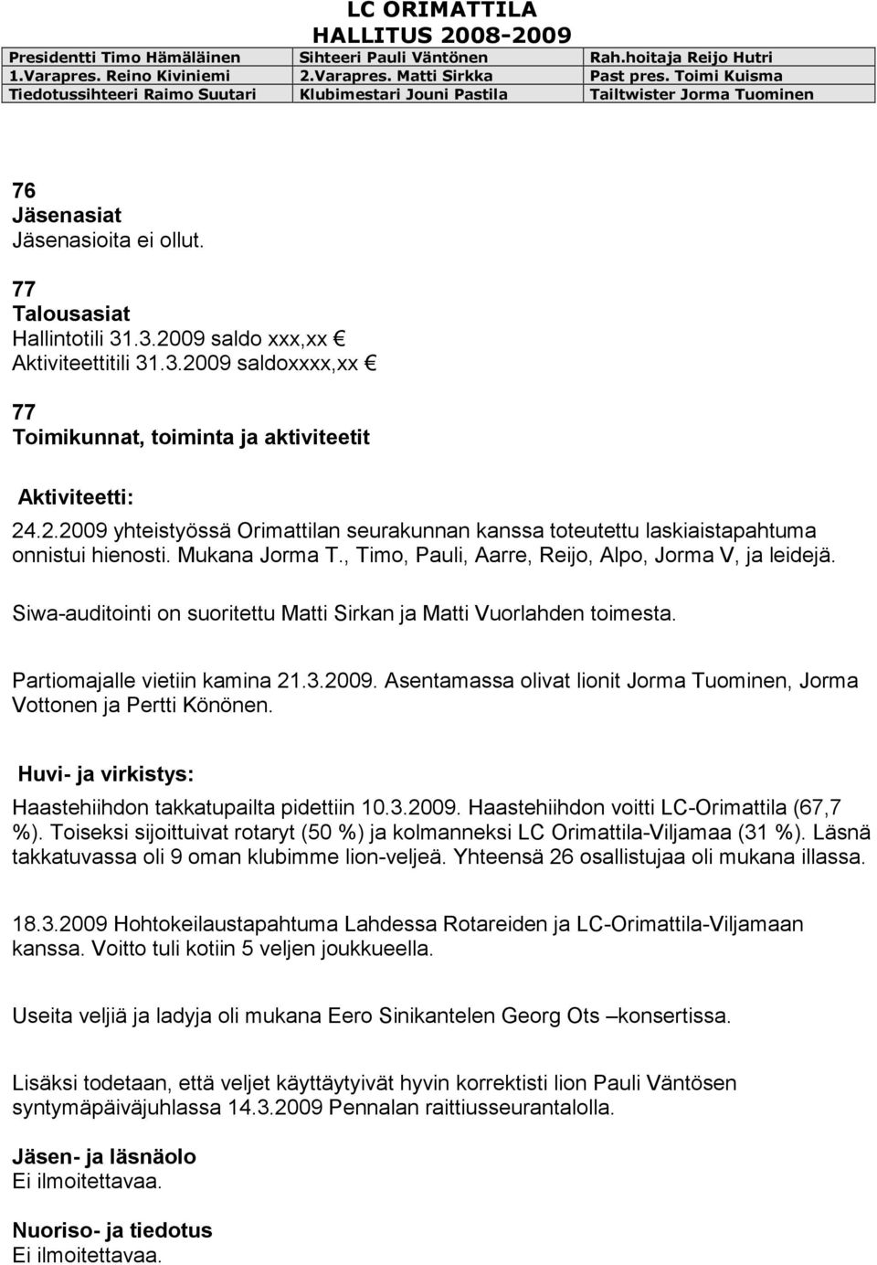 Asentamassa olivat lionit Jorma Tuominen, Jorma Vottonen ja Pertti Könönen. Huvi- ja virkistys: Haastehiihdon takkatupailta pidettiin 10.3.2009. Haastehiihdon voitti LC-Orimattila (67,7 %).