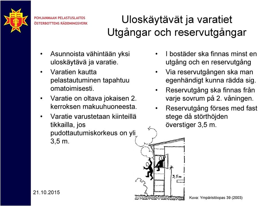 Varatie varustetaan kiinteillä tikkailla, jos pudottautumiskorkeus on yli 3,5 m.