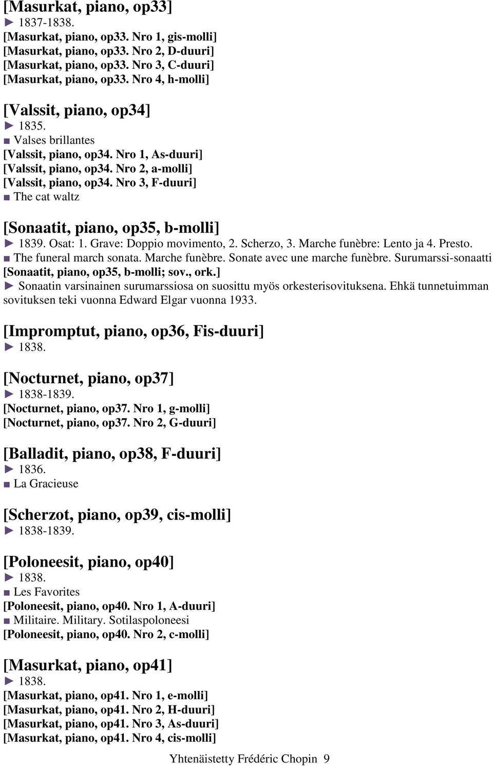 Nro 3, F-duuri] The cat waltz [Sonaatit, piano, op35, b-molli] 1839. Osat: 1. Grave: Doppio movimento, 2. Scherzo, 3. Marche funèbre: Lento ja 4. Presto. The funeral march sonata. Marche funèbre. Sonate avec une marche funèbre.