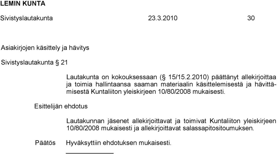 päättänyt allekirjoittaa ja toimia hallintaansa saaman materiaalin käsittelemisestä ja hävittämisestä Kuntaliiton