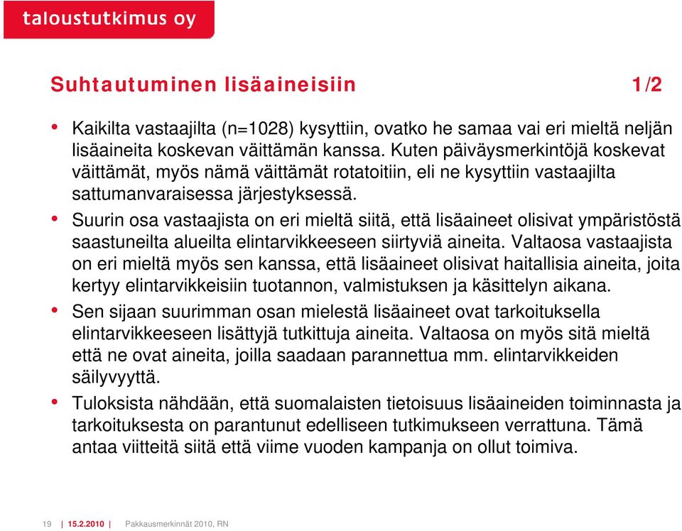 Suurin osa vastaajista on eri mieltä siitä, että lisäaineet olisivat ympäristöstä saastuneilta alueilta elintarvikkeeseen siirtyviä aineita.