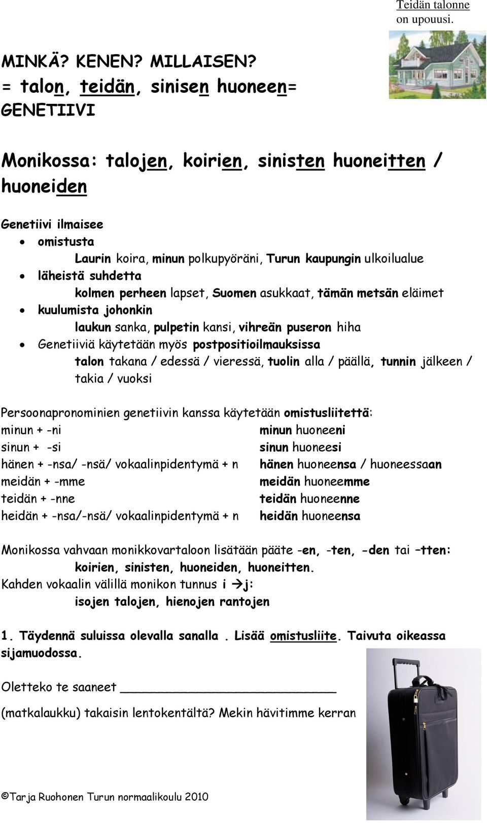 läheistä suhdetta kolmen perheen lapset, Suomen asukkaat, tämän metsän eläimet kuulumista johonkin laukun sanka, pulpetin kansi, vihreän puseron hiha Genetiiviä käytetään myös postpositioilmauksissa