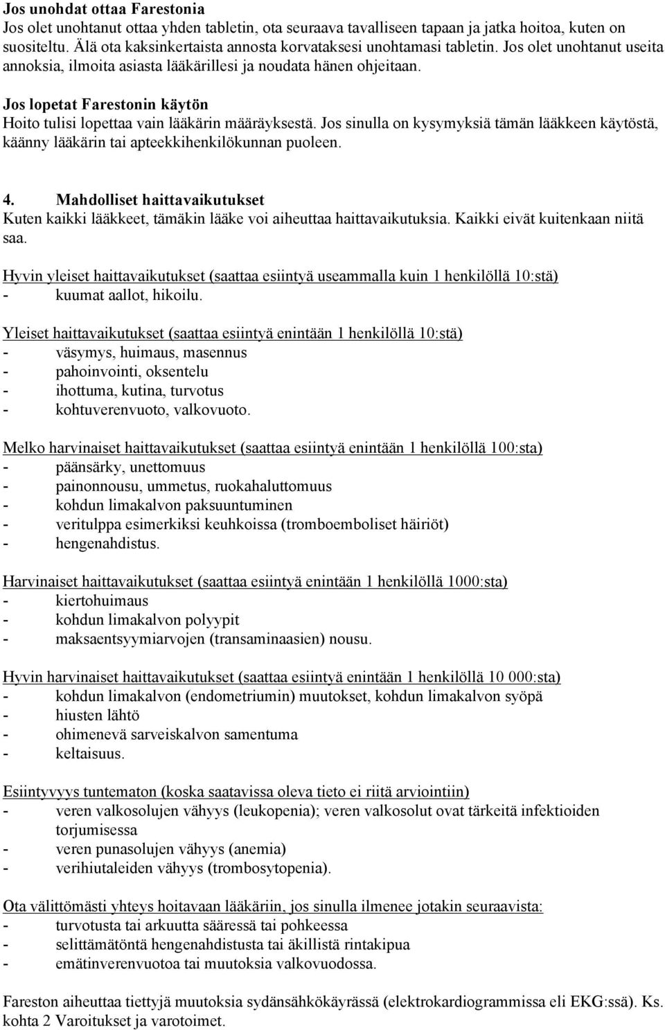 Jos lopetat Farestonin käytön Hoito tulisi lopettaa vain lääkärin määräyksestä. Jos sinulla on kysymyksiä tämän lääkkeen käytöstä, käänny lääkärin tai apteekkihenkilökunnan puoleen. 4.