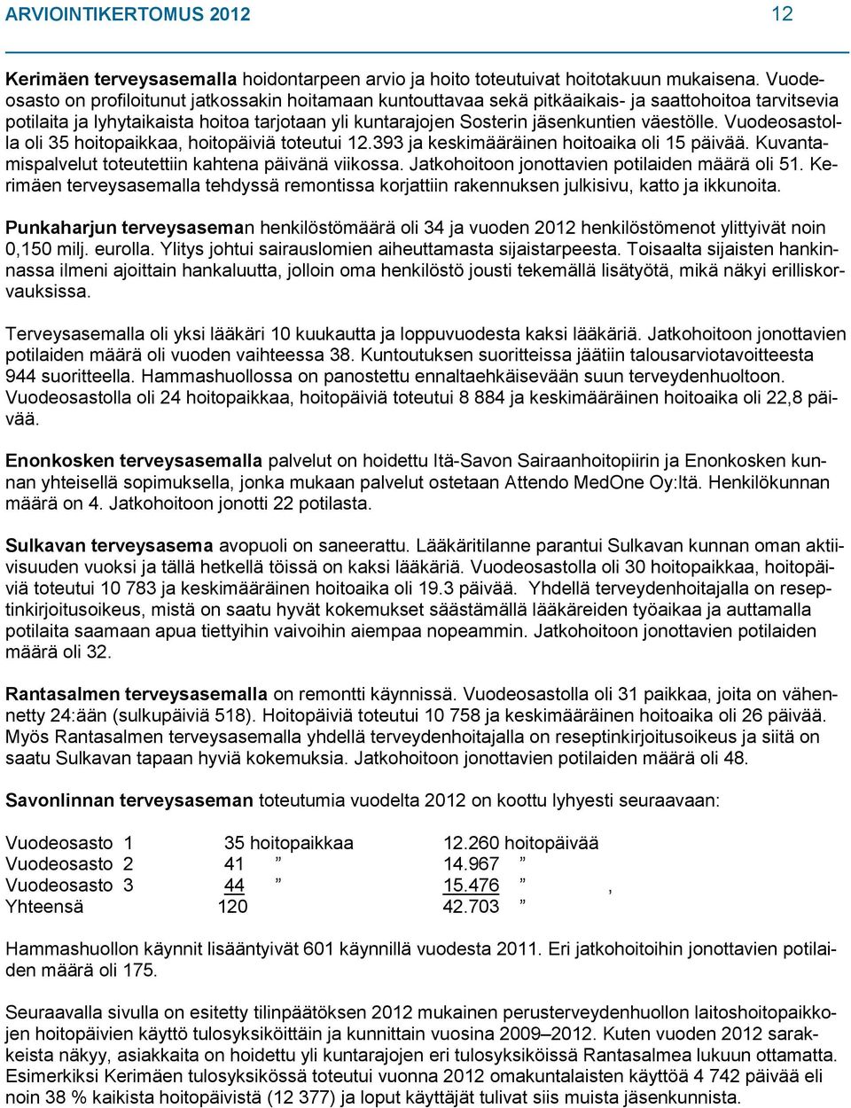 väestölle. Vuodeosastolla oli 35 hoitopaikkaa, hoitopäiviä toteutui 12.393 ja keskimääräinen hoitoaika oli 15 päivää. Kuvantamispalvelut toteutettiin kahtena päivänä viikossa.