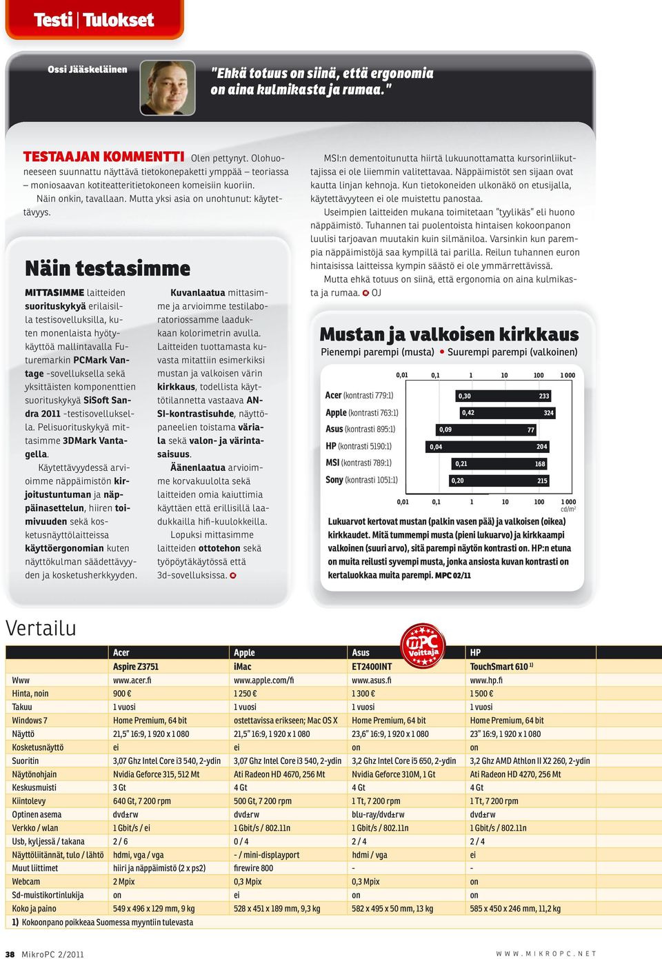 Näin testasimme MITTASIMME laitteiden suorituskykyä erilaisilla testisovelluksilla, kuten menlaista hyötykäyttöä mallintavalla Futuremarkin PCMark Vantage -sovelluksella sekä yksittäisten kompenttien