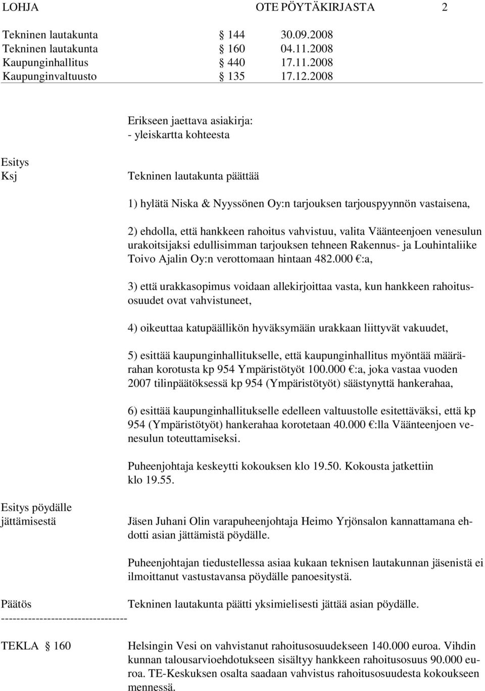 000 :a, 3) että urakkasopimus voidaan allekirjoittaa vasta, kun hankkeen ra hoitusosuudet ovat vahvistuneet, 4) oikeuttaa katupäällikön hyväksymään urakkaan liittyvät vakuudet, 5) esittää