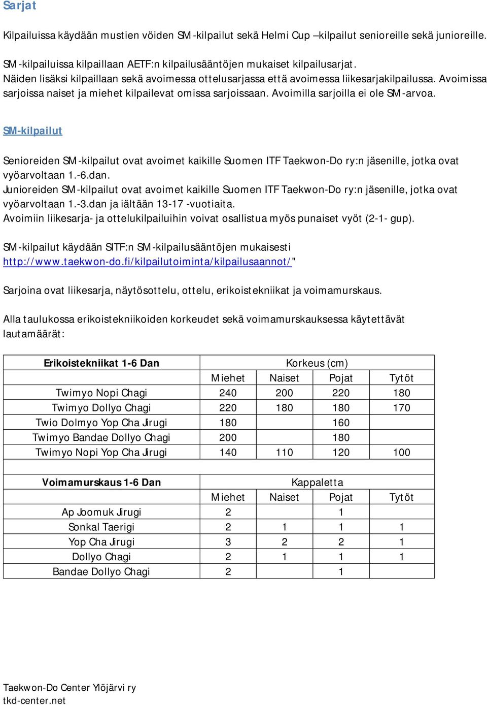 SM-kilpailut Senioreiden SM-kilpailut ovat avoimet kaikille Suomen ITF Taekwon-Do ry:n jäsenille, jotka ovat vyöarvoltaan 1.-6.dan.