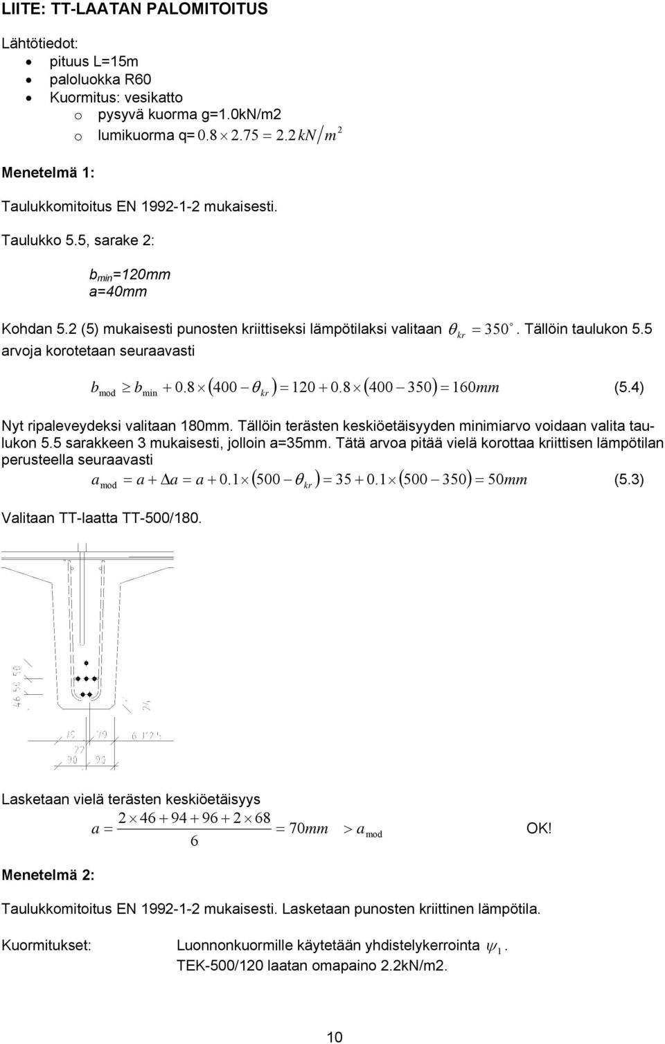 8 ( 400 350) mm b b + 0.8 θ 160 (5.4) mod min Nyt ripaleveydeksi valitaan 180mm. Tällöin terästen keskiöetäisyyden minimiarvo voidaan valita taulukon 5.5 sarakkeen 3 mukaisesti, jolloin a35mm.