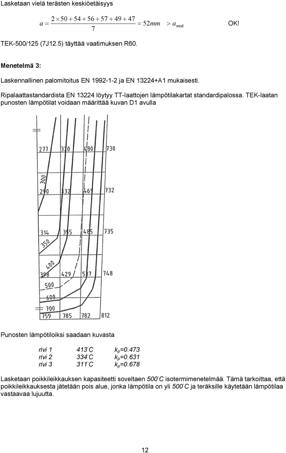 TEK-laatan punosten lämpötilat voidaan määrittää kuvan D1 avulla Punosten lämpötiloiksi saadaan kuvasta rivi 1 413 C k p 0.473 rivi 334 C k p 0.631 rivi 3 311 C k p 0.