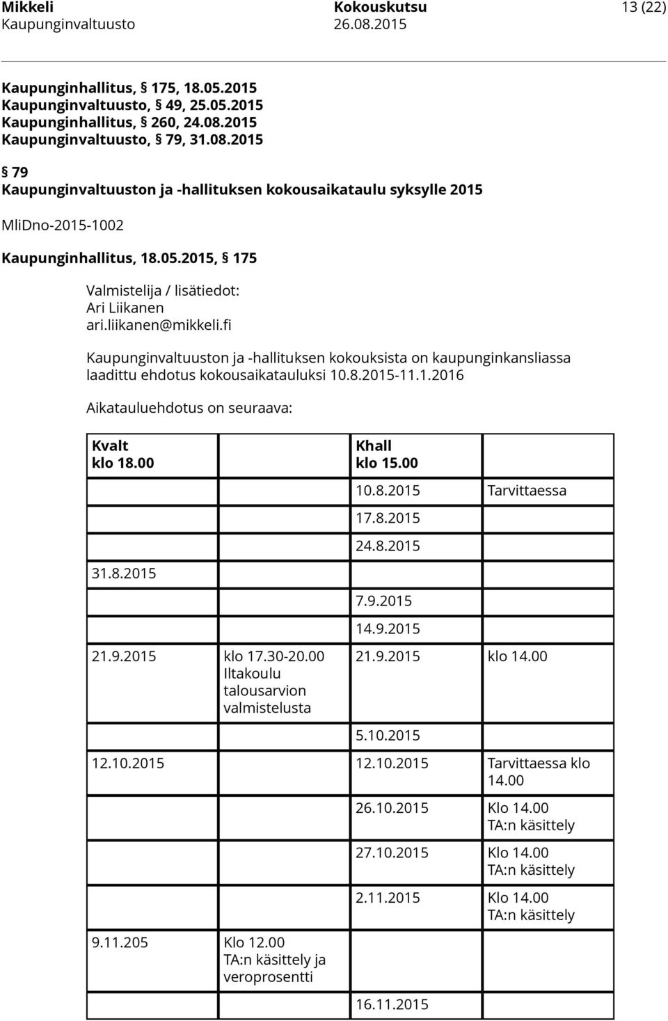 2015, 175 Valmistelija / lisätiedot: Ari Liikanen ari.liikanen@mikkeli.fi Kaupunginvaltuuston ja -hallituksen kokouksista on kaupunginkansliassa laadittu ehdotus kokousaikatauluksi 10.8.2015-11.1.2016 Aikatauluehdotus on seuraava: Kvalt klo 18.