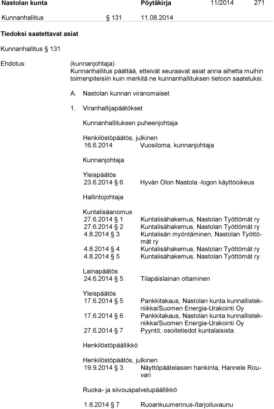 tietoon saatetuksi. A. Nastolan kunnan viranomaiset 1. Viranhaltijapäätökset Kunnanhallituksen puheenjohtaja Henkilöstöpäätös, julkinen 16.6.2014 Vuosiloma, kunnanjohtaja Kunnanjohtaja Yleispäätös 23.