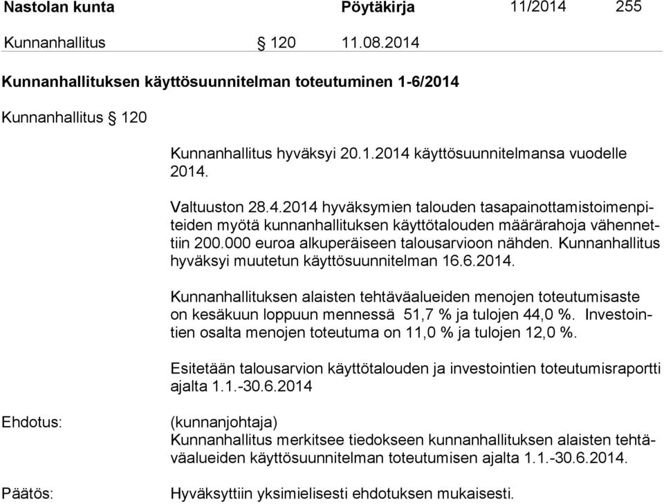 Kunnanhallitus hy väk syi muutetun käyttösuunnitelman 16.6.2014. Kunnanhallituksen alaisten tehtäväalueiden menojen toteutumisaste on kesäkuun loppuun mennessä 51,7 % ja tulojen 44,0 %.