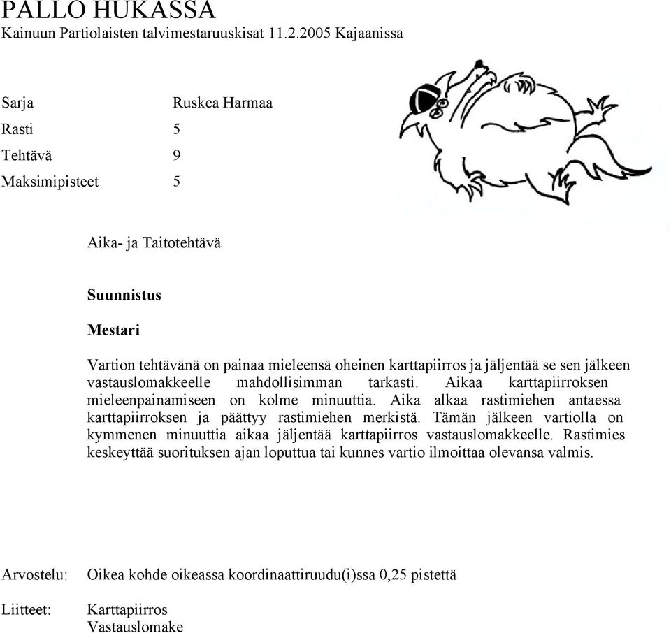 Aika alkaa rastimiehen antaessa karttapiirroksen ja päättyy rastimiehen merkistä.