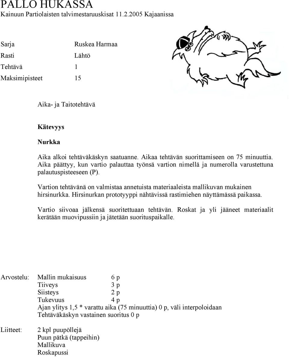 Hirsinurkan prototyyppi nähtävissä rastimiehen näyttämässä paikassa. Vartio siivoaa jälkensä suoritettuaan tehtävän.