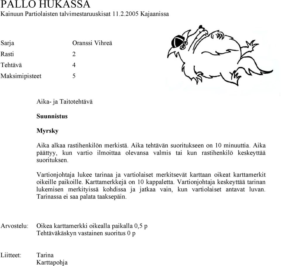 Vartionjohtaja lukee tarinaa ja vartiolaiset merkitsevät karttaan oikeat karttamerkit oikeille paikoille. Karttamerkkejä on 10 kappaletta.