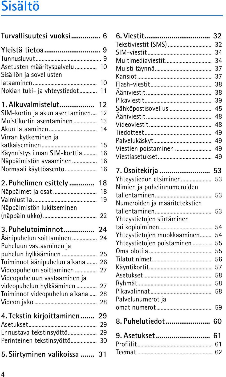 .. 16 Normaali käyttöasento... 16 2. Puhelimen esittely... 18 Näppäimet ja osat... 18 Valmiustila... 19 Näppäimistön lukitseminen (näppäinlukko)... 22 3. Puhelutoiminnot... 24 Äänipuhelun soittaminen.