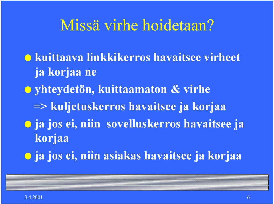 yhteydetön, kuittaamaton & virhe => kuljetuskerros havaitsee ja