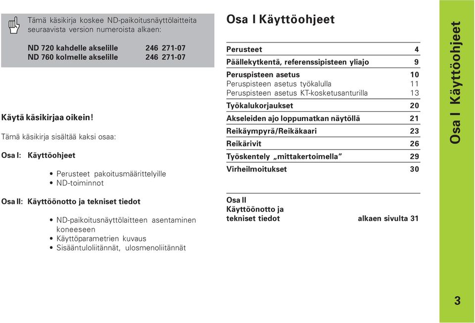 Käyttöparametrien kuvaus Sisääntuloliitännät, ulosmenoliitännät Osa I Käyttöohjeet Perusteet 4 Päällekytkentä, referenssipisteen yliajo 9 Peruspisteen asetus 10 Peruspisteen asetus työkalulla 11