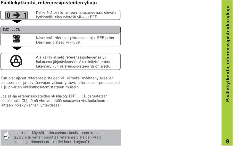 Kun olet ajanut referenssipisteiden yli, viimeksi määritelty akselien uistiasemien ja näyttöarvojen välinen yhteys tallennetaan peruspisteitä 1 ja 2 varten virtakatkosvarmistettuun muistiin.