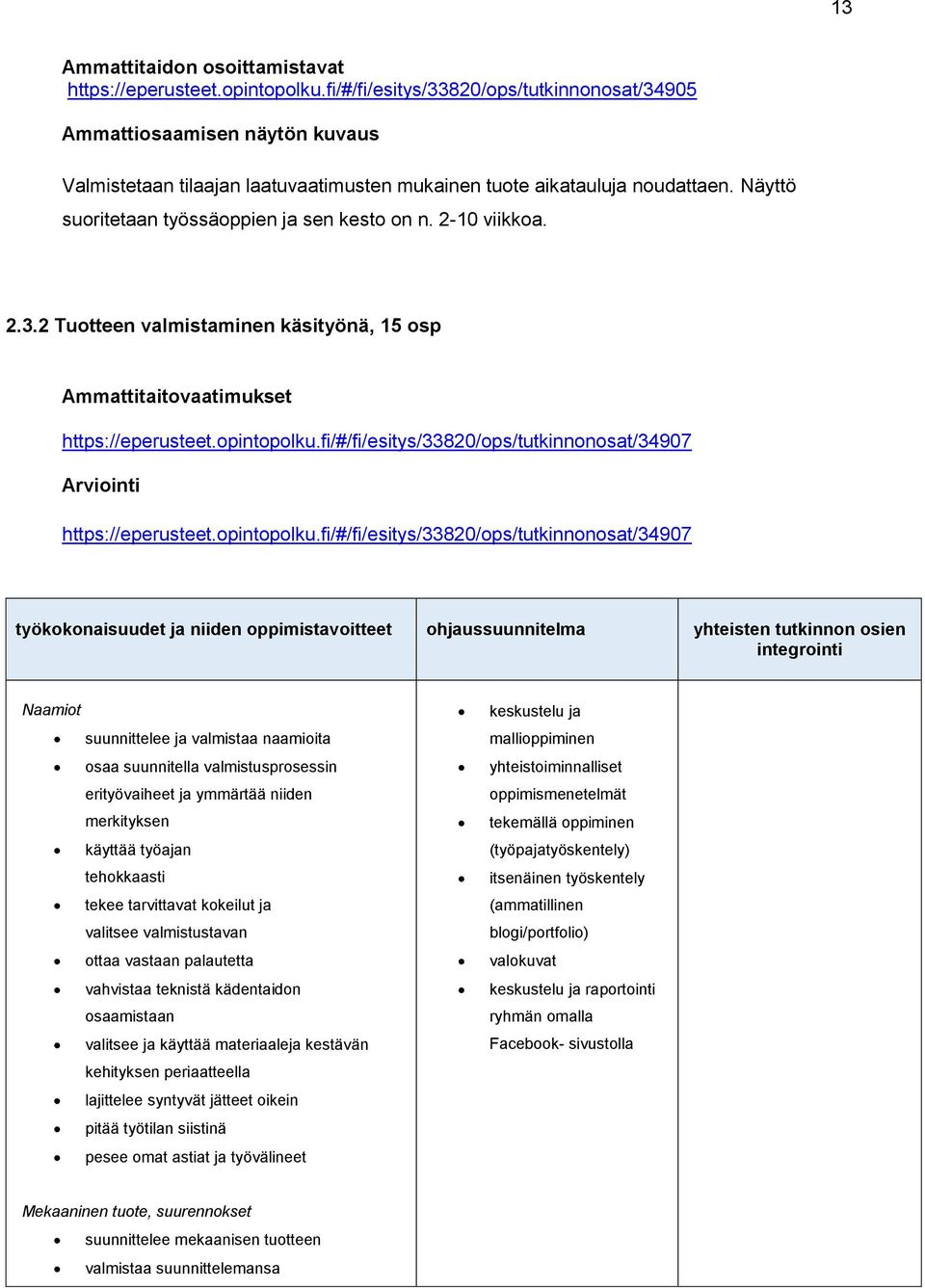 2-10 viikkoa. 2.3.2 Tuotteen käsityönä, 15 osp Ammattitaitovaatimukset https://eperusteet.opintopolku.
