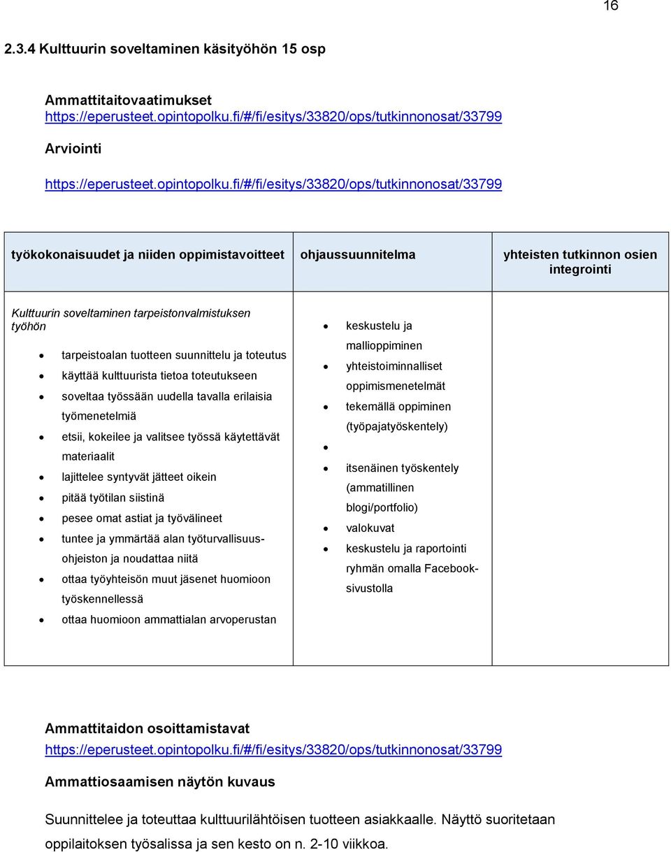 fi/#/fi/esitys/33820/ops/tutkinnonosat/33799 työkokonaisuudet niiden oppimistavoitteet ohussuunnitelma yhteisten tutkinnon osien integrointi Kulttuurin soveltaminen tarpeistonvalmistuksen työhön