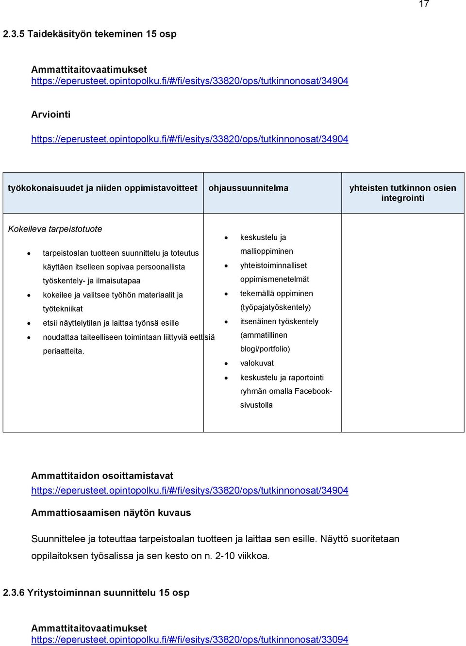 fi/#/fi/esitys/33820/ops/tutkinnonosat/34904 työkokonaisuudet niiden oppimistavoitteet ohussuunnitelma yhteisten tutkinnon osien integrointi Kokeileva tarpeistotuote tarpeistoalan tuotteen