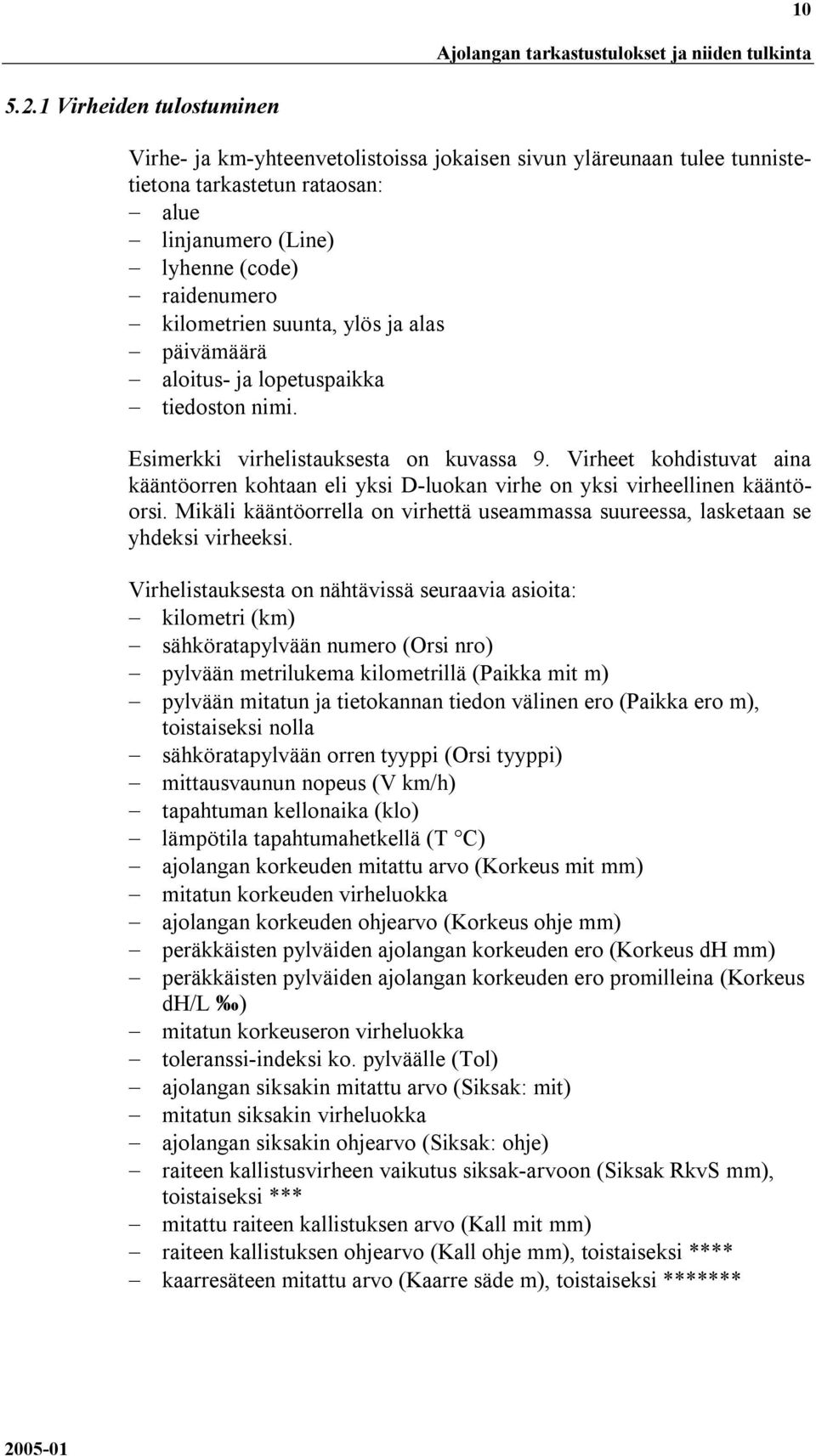 ylös ja alas päivämäärä aloitus- ja lopetuspaikka tiedoston nimi. Esimerkki virhelistauksesta on kuvassa 9.