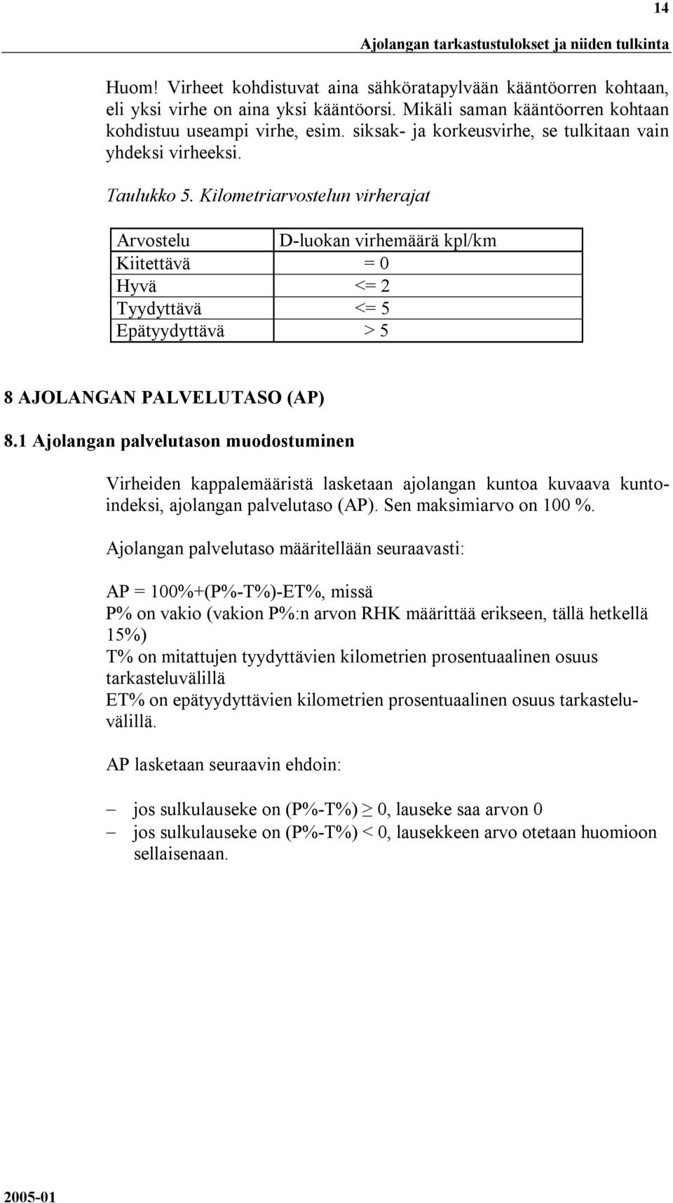 Kilometriarvostelun virherajat Arvostelu D-luokan virhemäärä kpl/km Kiitettävä = 0 Hyvä <= 2 Tyydyttävä <= 5 Epätyydyttävä > 5 8 AJOLANGAN PALVELUTASO (AP) 8.