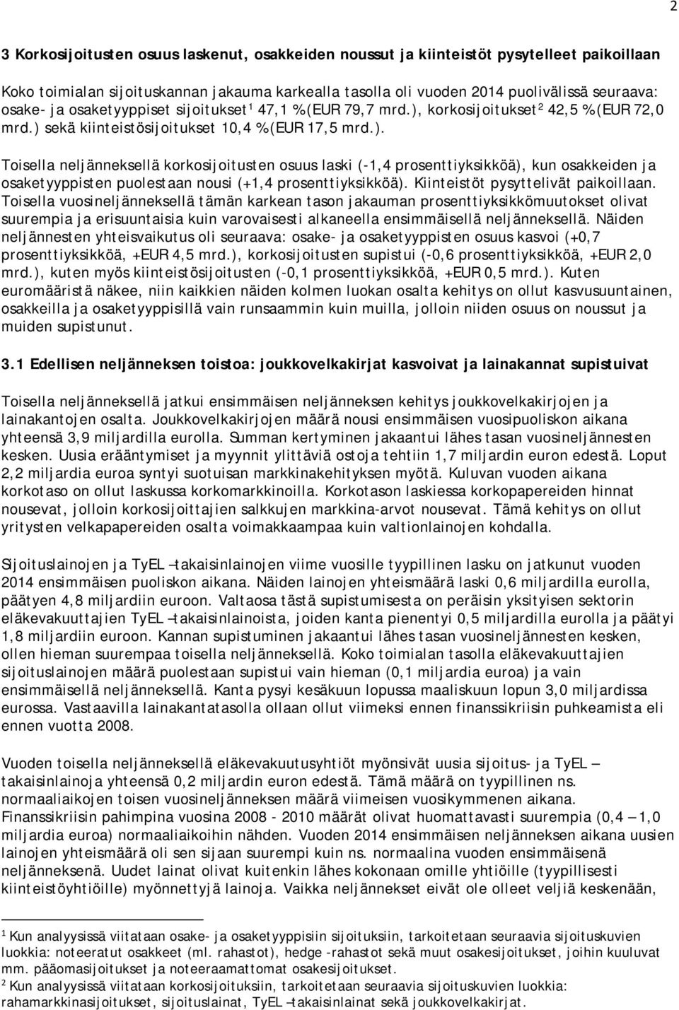 korkosijoitukset 2 42,5 % (EUR 72,0 mrd.) sekä kiinteistösijoitukset 10,4 % (EUR 17,5 mrd.). Toisella neljänneksellä korkosijoitusten osuus laski (-1,4 prosenttiyksikköä), kun osakkeiden ja osaketyyppisten puolestaan nousi (+1,4 prosenttiyksikköä).