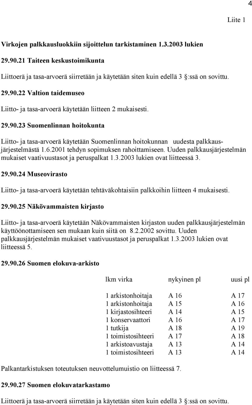 6.2001 tehdyn sopimuksen rahoittamiseen. Uuden palkkausjärjestelmän mukaiset vaativuustasot ja peruspalkat 1.3.2003 lukien ovat liitteessä 3. 29.90.