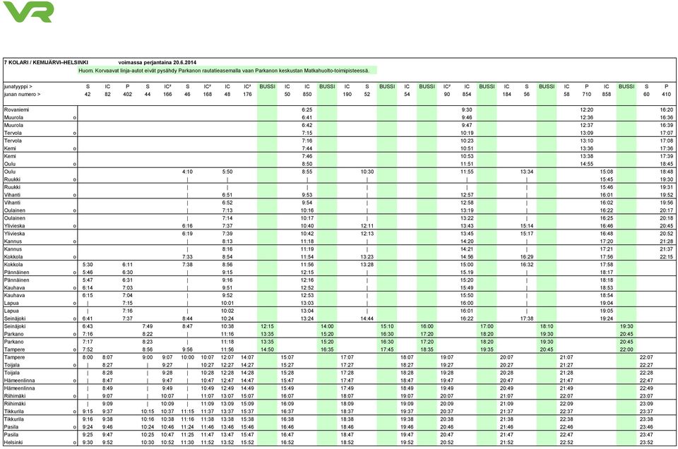 56 58 710 858 60 410 Rovaniemi 6:25 9:30 12:20 16:20 Muurola o 6:41 9:46 12:36 16:36 Muurola 6:42 9:47 12:37 16:39 Tervola o 7:15 10:19 13:09 17:07 Tervola 7:16 10:23 13:10 17:08 Kemi o 7:44 10:51