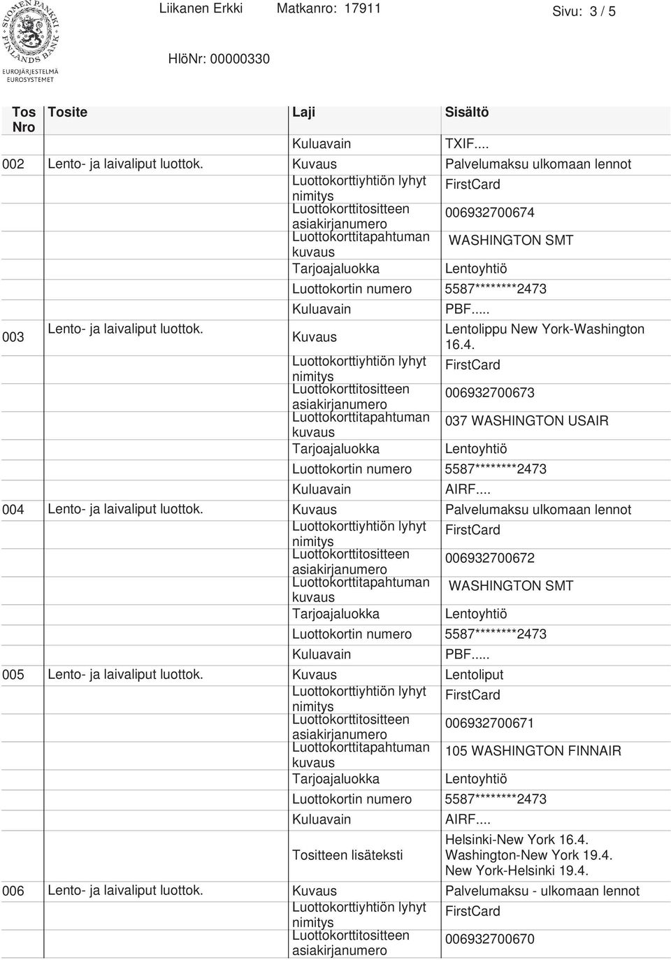 Palvelumaksu ulkomaan lennot Luottokorttitositteen 006932700672 SMT PBF... 005 Lento- ja laivaliput luottok. Lentoliput Luottokorttitositteen 006932700671 105 FINNAIR AIRF.