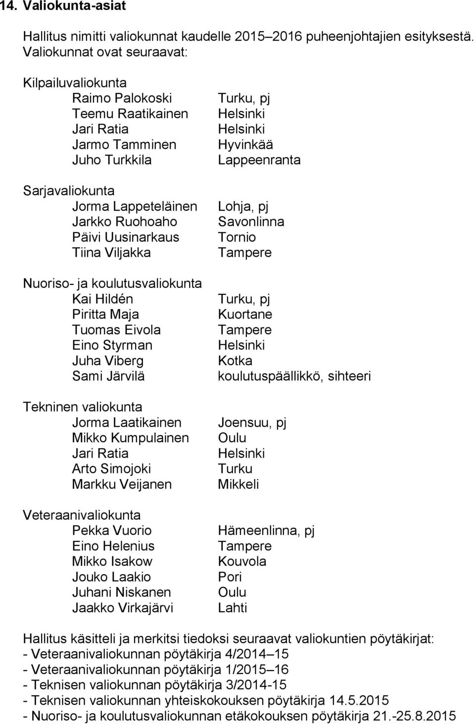 Viljakka Nuoriso- ja koulutusvaliokunta Kai Hildén Piritta Maja Tuomas Eivola Eino Styrman Juha Viberg Sami Järvilä Tekninen valiokunta Jorma Laatikainen Mikko Kumpulainen Jari Ratia Arto Simojoki