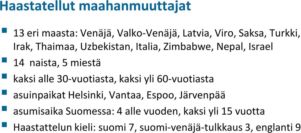 30-vuotiasta, kaksi yli 60-vuotiasta asuinpaikat Helsinki, Vantaa, Espoo, Järvenpää asumisaika