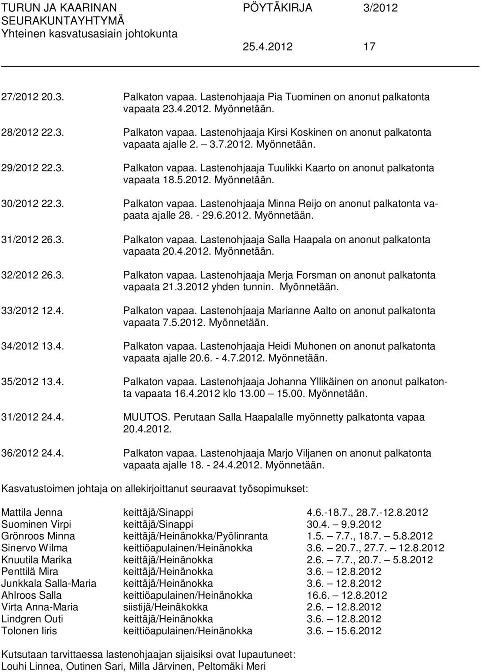 - 29.6.2012. Myönnetään. 31/2012 26.3. Palkaton vapaa. Lastenohjaaja Salla Haapala on anonut palkatonta vapaata 20.4.2012. Myönnetään. 32/2012 26.3. Palkaton vapaa. Lastenohjaaja Merja Forsman on anonut palkatonta vapaata 21.