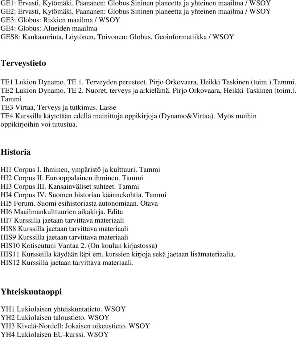 Pirjo Orkovaara, Heikki Taskinen (toim.).tammi. TE2 Lukion Dynamo. TE 2. Nuoret, terveys ja arkielämä. Pirjo Orkovaara, Heikki Taskinen (toim.). Tammi TE3 Virtaa, Terveys ja tutkimus.