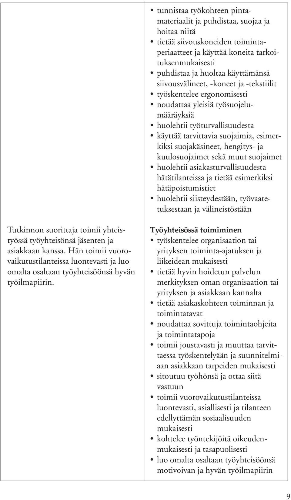 hengitys- ja kuulosuojaimet sekä muut suojaimet huolehtii asiakasturvallisuudesta hätätilanteissa ja tietää esimerkiksi hätäpoistumistiet huolehtii siisteydestään, työvaatetuksestaan ja