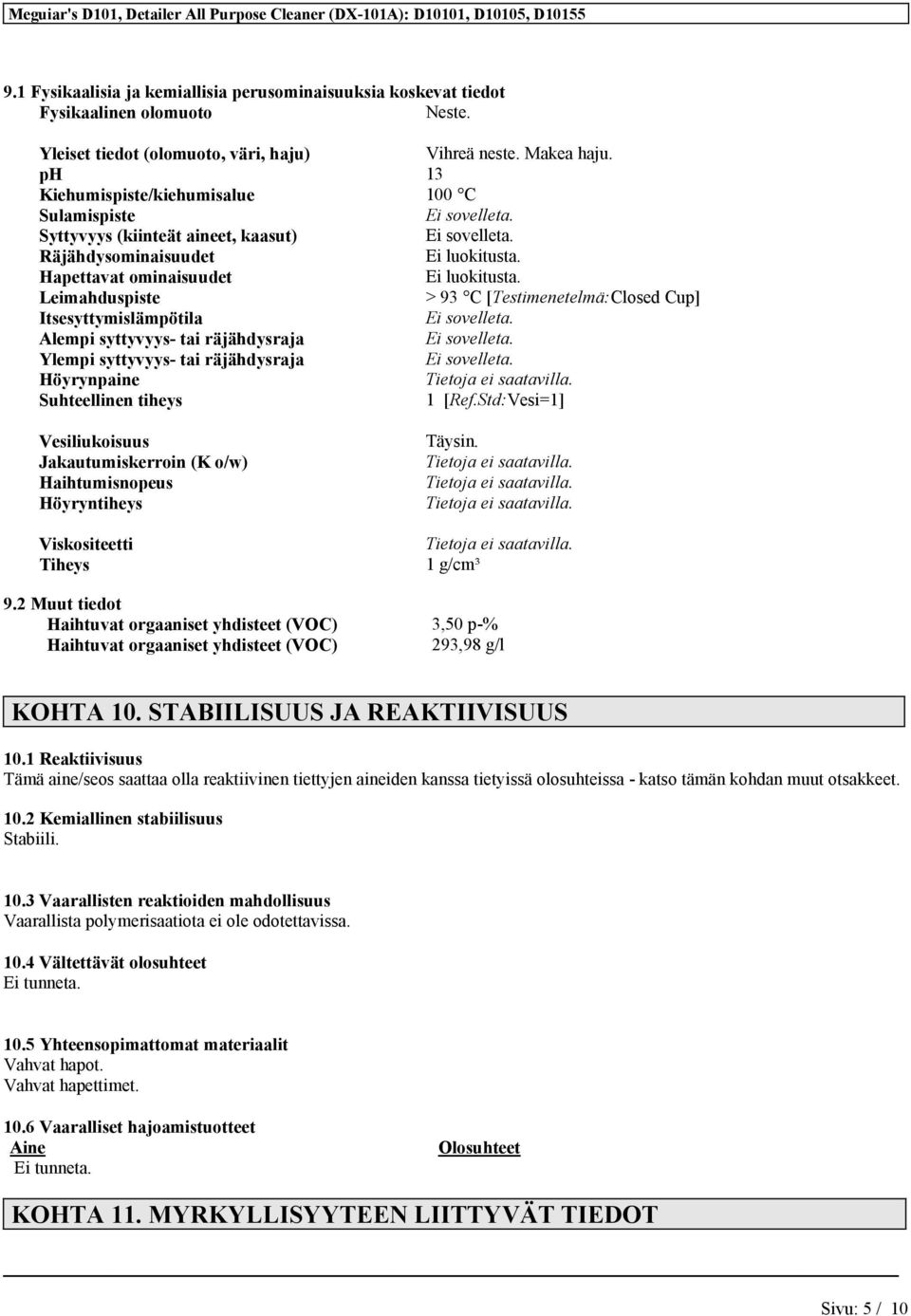 Leimahduspiste > 93 C [Testimenetelmä:Closed Cup] Itsesyttymislämpötila Alempi syttyvyys- tai räjähdysraja Ylempi syttyvyys- tai räjähdysraja Höyrynpaine Suhteellinen tiheys 1 [Ref.