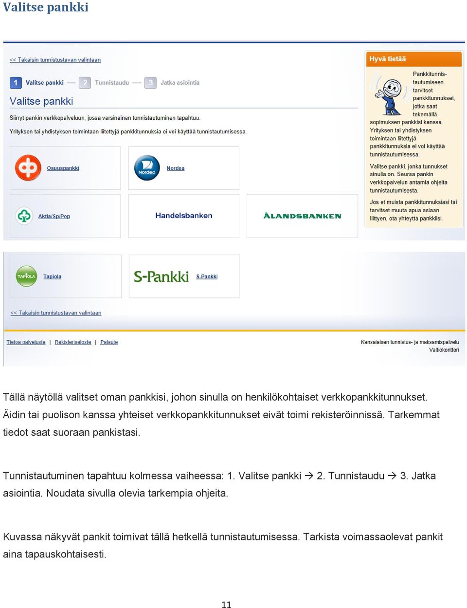Tarkemmat tiedot saat suoraan pankistasi. Tunnistautuminen tapahtuu kolmessa vaiheessa: 1. Valitse pankki 2. Tunnistaudu 3.