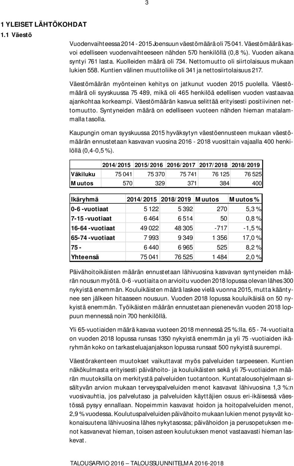 Väestömäärän myönteinen kehitys on jatkunut vuoden 2015 puolella. Väestömäärä oli syyskuussa 75 489, mikä oli 465 henkilöä edellisen vuoden vastaavaa ajankohtaa korkeampi.