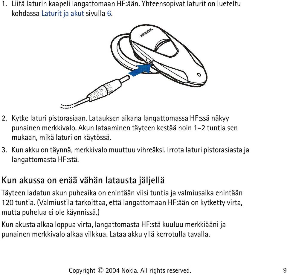 Kun akku on täynnä, merkkivalo muuttuu vihreäksi. Irrota laturi pistorasiasta ja langattomasta HF:stä.