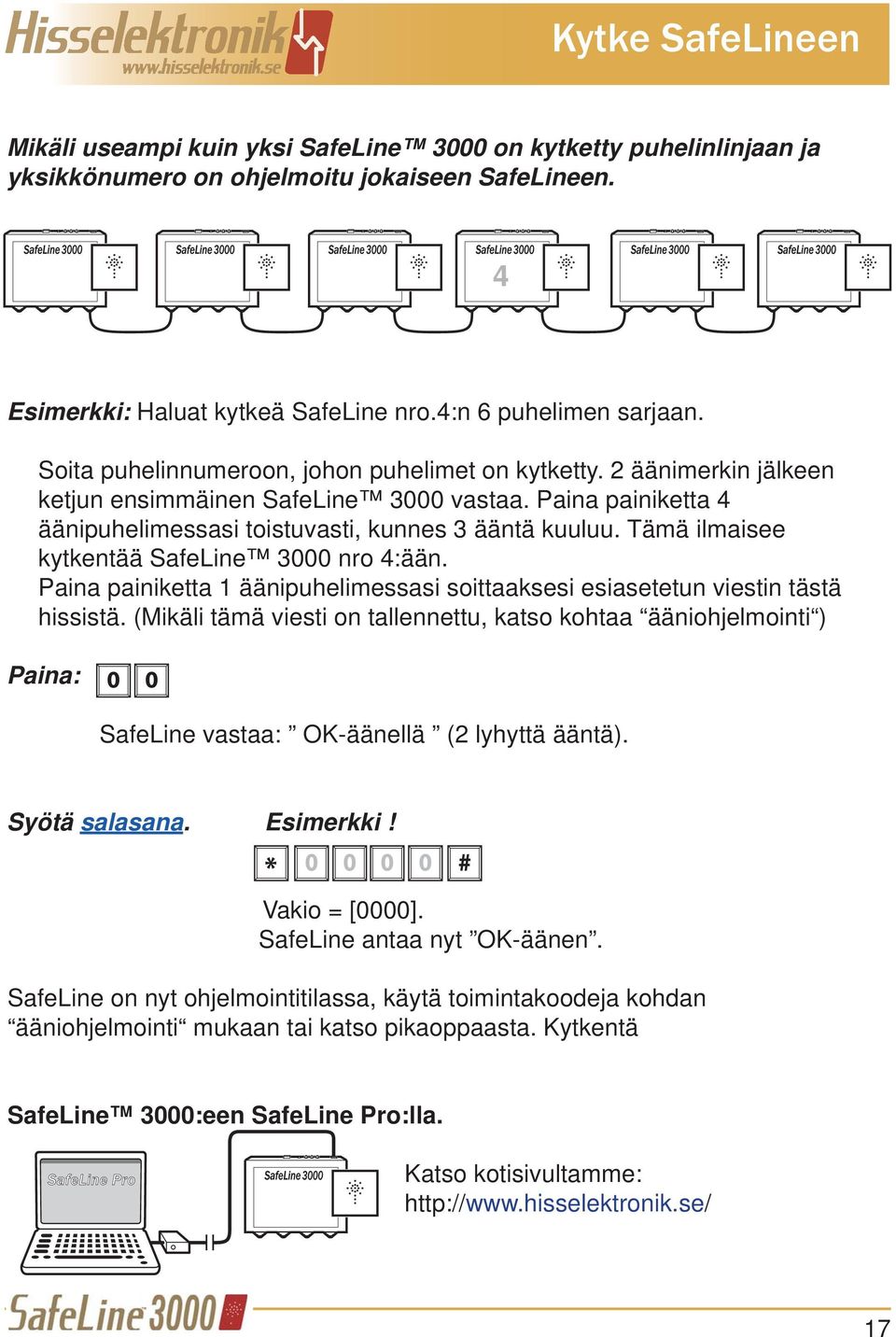 Tämä ilmaisee kytkentää SafeLine 3000 nro 4:ään. Paina painiketta 1 äänipuhelimessasi soittaaksesi esiasetetun viestin tästä hissistä.