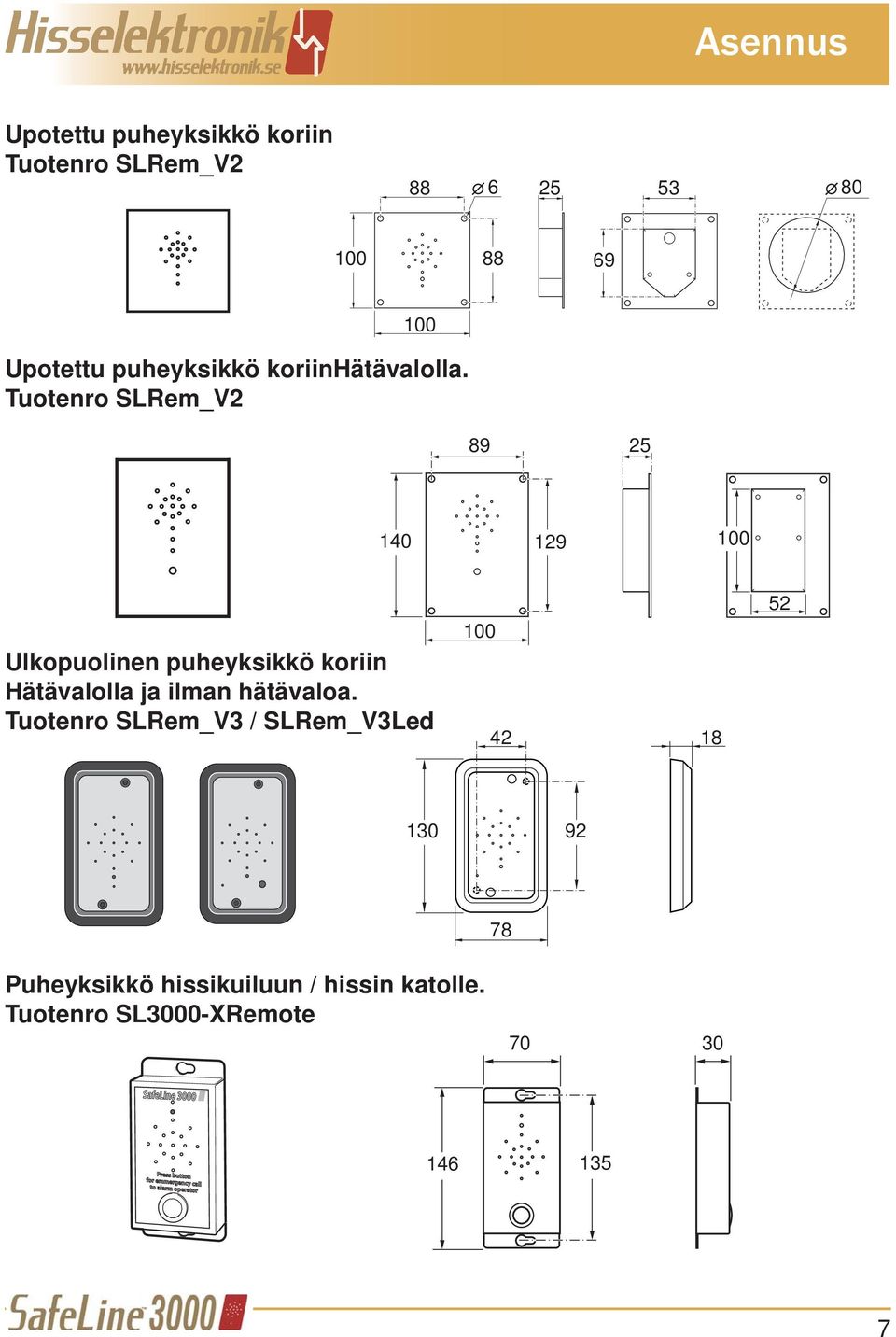 Tuotenro SLRem_V2 89 25 140 129 100 Ulkopuolinen puheyksikkö koriin Hätävalolla ja ilman