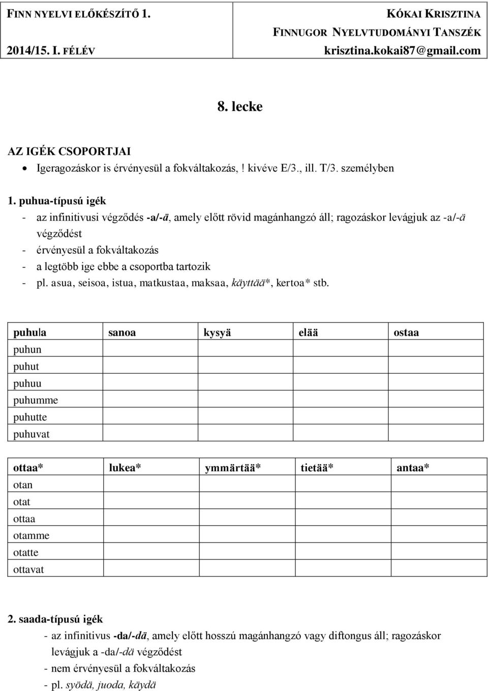 puhua-típusú igék - az infinitivusi végződés -a/-ä, amely előtt rövid magánhangzó áll; ragozáskor levágjuk az -a/-ä végződést - érvényesül a fokváltakozás - a legtöbb ige ebbe a csoportba tartozik -