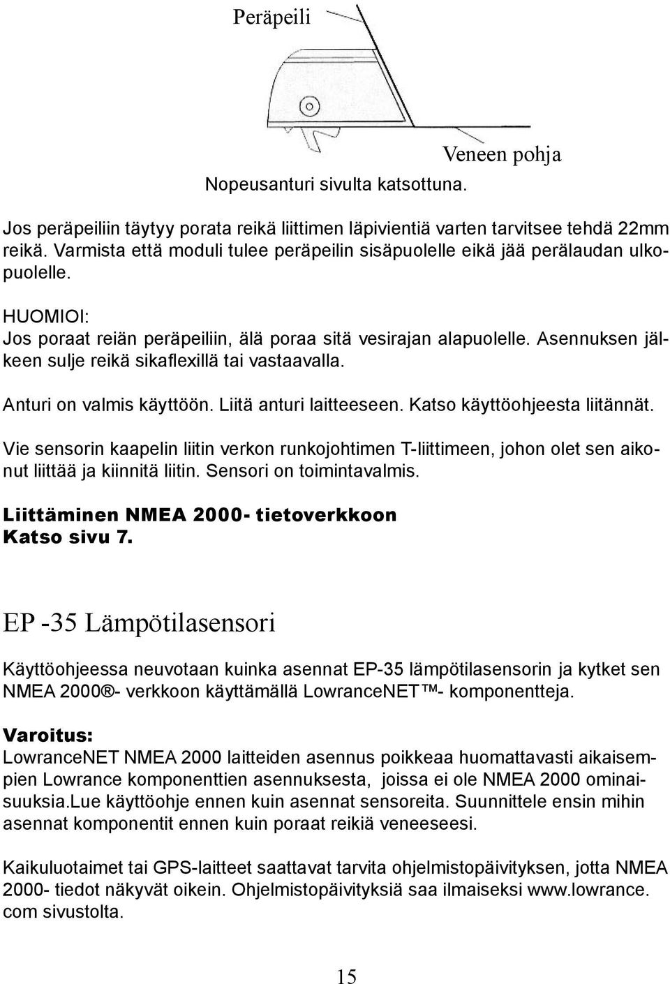 Asennuksen jälkeen sulje reikä sikaflexillä tai vastaavalla. Anturi on valmis käyttöön. Liitä anturi laitteeseen. Katso käyttöohjeesta liitännät.