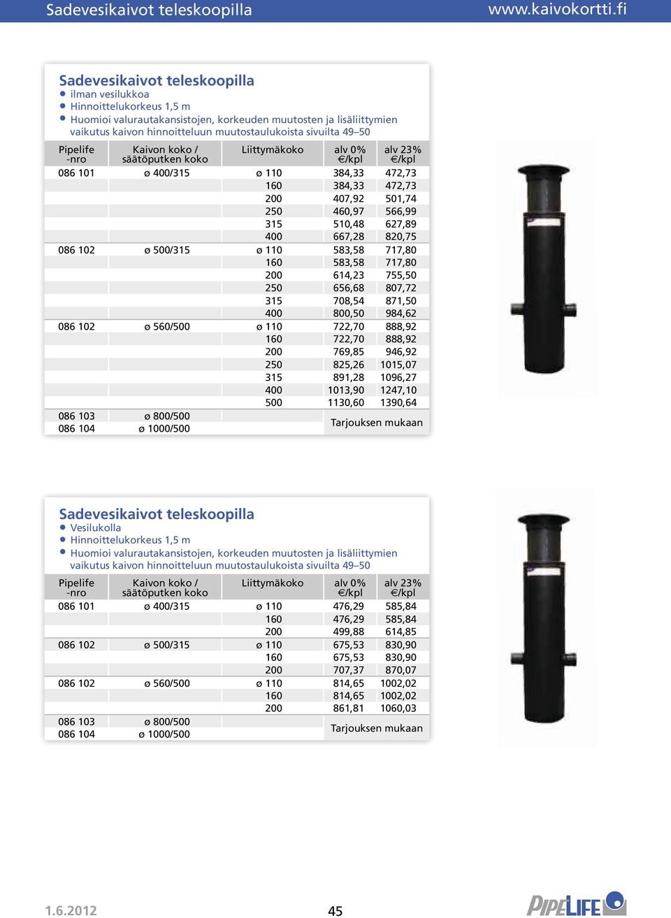 säätöputken koko Liittymäkoko alv 0% 086 101 ø 400/315 ø 110 384,33 472,73 160 384,33 472,73 200 407,92 501,74 250 460,97 566,99 315 510,48 627,89 400 667,28 820,75 086 102 ø 500/315 ø 110 583,58