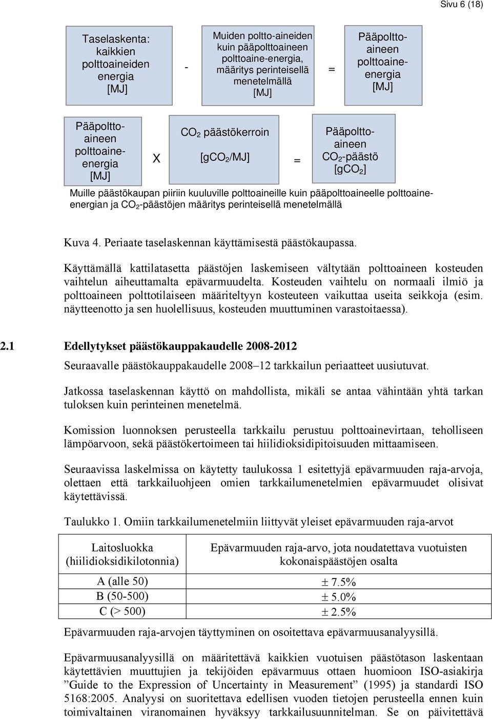 polttoaineenergian ja CO -päästöjen määritys perinteisellä menetelmällä Kuva 4. Periaate taselaskennan käyttämisestä päästökaupassa.