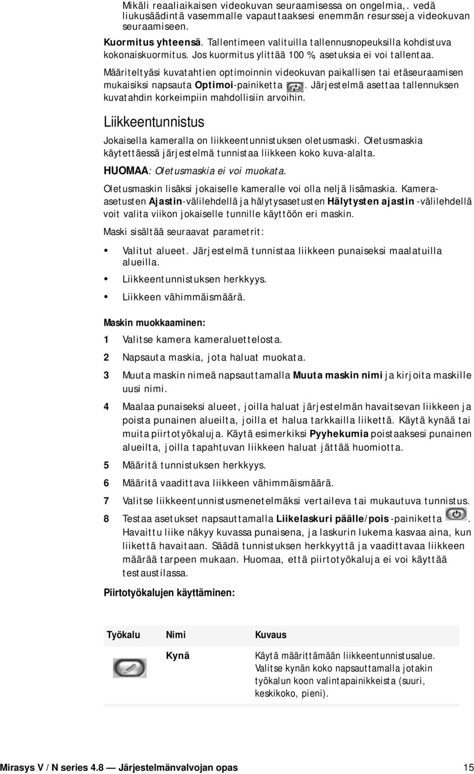 Määriteltyäsi kuvatahtien optimoinnin videokuvan paikallisen tai etäseuraamisen mukaisiksi napsauta Optimoi-painiketta. Järjestelmä asettaa tallennuksen kuvatahdin korkeimpiin mahdollisiin arvoihin.